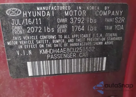 2012 Hyundai Elantra Limited (Ulsan Plant) from USA, damaged, VIN KMHDH4AE8CU251532